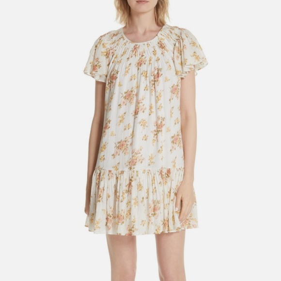 La Vie Rebecca Taylor Metallic Floral Flutter Sleeve  Mini Dress Medium - Picture 1 of 16